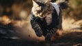 A cat in a suit running through the dirt with leaves, AI