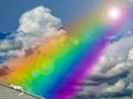 cat sunbath rainbow on the roof Royalty Free Stock Photo