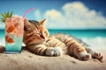 cat sunbathing on tropical beach with drink glass drinking cocktail illustration generative ai