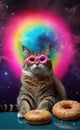 The cat in sunglasses with a color donut.