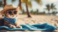 cat with sunglasses A comical kitten wearing a pair of oversized sunglasses and a straw hat, lounging on a beach towel