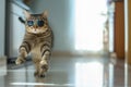 cat in sunglasses doing a moonwalk on a shiny floor