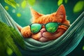 Cat in sunglasses lies in hammock in garden, funny ginger pet relaxes in summer, generative AI