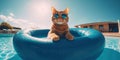 Cat in sunglasses is resting on an inflatable mattress by the pool, vacation at the resort. Day off, relax Royalty Free Stock Photo