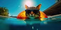 Cat in sunglasses is resting on an inflatable mattress by the pool, vacation at the resort. Day off, relax Royalty Free Stock Photo