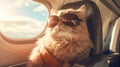 Cat in sunglasses sitting in airplane, traveling on vacation, generative ai