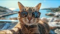 Cat With Sunglasses Taking Selfie Traveling The World