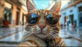 Cat With Sunglasses Taking Selfie Traveling The World