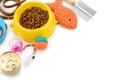 Cat supplies on white background