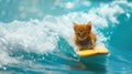 Cat surfer rides ocean wave, funny ginger kitten surfs in sea, view of pet sliding on water and blue sky. Concept of sport, travel Royalty Free Stock Photo