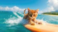 Cat surfer rides ocean wave, funny ginger pet surfs in sea, view of animal sliding on water and blue sky. Concept of sport, travel Royalty Free Stock Photo