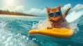 Cat surfer rides sea wave, cool ginger pet in sunglasses surfs in ocean, face of funny animal sliding on blue water. Concept of