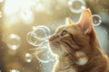 Cat surrounded by soap bubbles. Kitten playing with soap bubbles. Generative AI Royalty Free Stock Photo