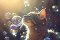 Cat surrounded by soap bubbles. Kitten playing with soap bubbles. Generative AI Royalty Free Stock Photo