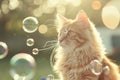 Cat surrounded by soap bubbles. Kitten playing with soap bubbles. Generative AI Royalty Free Stock Photo