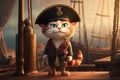 Cat swashbuckling pirate, wearing tricorne hat standing on the deck of his ship as it sails towards adventure. cartoon style