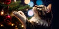 cat swats at a dangling Christmas tree ornament, with bokeh lights illuminating the mischievous holiday moment.