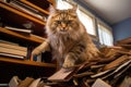 a cat swatting a stack of books on a bookshelf, causing them to fall