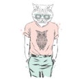 Cat T-shirt with a print and glasses. Vector illustration. Print for clothes , cards or posters .
