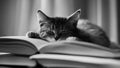 cat on the table black and white photo Lovely kitten sleeping on book