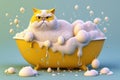 Cat taking a bath in a bathtub with foam, created with Generative AI technology