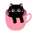 Cat in tea coffee cup. Eyes, paws hand. Black kitten with pink ears, cheeks. Cute cartoon funny character. Baby pet animal Royalty Free Stock Photo