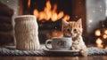 cat with a tea cup An endearing little kitten with bright, sparkling eyes, smiling and meowing while nestled in a cozy, Royalty Free Stock Photo