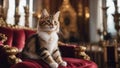 cat on the throne A regal kitten with a shiny coat, sitting on a plush velvet throne, wearing a tiny golden necklace with pearl Royalty Free Stock Photo