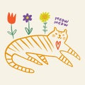Cat tiger and flowers cool trendy doodle boho cartoon handdrawn funny cute comic character hippie groovy funky vector
