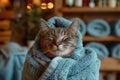 A cat is tightly wrapped in a soft blue towel, looking cozy and comfortable Royalty Free Stock Photo