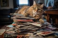 cat toppling a stack of magazines on a coffee table