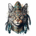 Cat totem animal wearing tribal Indian aboriginal war bonnet