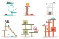Cat tower and scratching post vector cartoon flat icon set Royalty Free Stock Photo