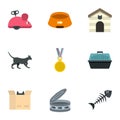 Cat toys icons set, cartoon style