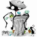 Cat on Trash Can with Mouse and Spider Funny Characters Vector illustration