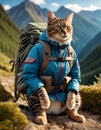 cat is wearing a backpack and a blue jacket, standing on a rock in a mountainous area. Royalty Free Stock Photo