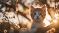 cat on a tree A tiny kitten with soft, grey fur, playfully hanging from a tree branch