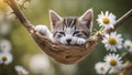 cat on a tree A tiny Maine Coon kitten, fast asleep inside a soft, striped sock, suspended gently from a branch Royalty Free Stock Photo