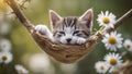 cat on a tree A tiny Maine Coon kitten, fast asleep inside a soft, striped sock, suspended gently from a branch