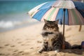 cat under an umbrella on the beach in sunny weather is resting