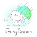 Cat under umbrella and raining in rainy season. Hand draw doodle style create by vector.