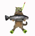Cat underwater hunter holding big fish
