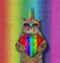 Cat unicorn holding a rainbow heart