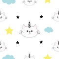 Cat unicorn horn head, hands. Cloud, star shape. Cute cartoon kawaii character. Baby pet collection. Seamless Pattern Wrapping pap Royalty Free Stock Photo