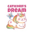 Cat unicorn poster. Cute cartoon caticorn, funny magic kitty pet. Kids girl clothes print vector Royalty Free Stock Photo