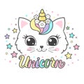 Cat unicorn with rainbow mane. Unicorn text. Vector Royalty Free Stock Photo