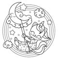 Cat unicorn swinging on the moon. Black and white linear image. Vector Royalty Free Stock Photo