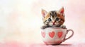 Adorable kitten peeking from heart patterned teacup. Generative AI