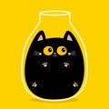 Cat in a vase. Glass jar. Cute cartoon kawaii baby character. Funny black fat kitten. Big eyes, moustaches. Pink paw print. Big Royalty Free Stock Photo