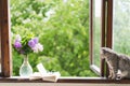 A cat, vase with lilac and open book on a vintage windowsill. Cozy spring concept. Royalty Free Stock Photo